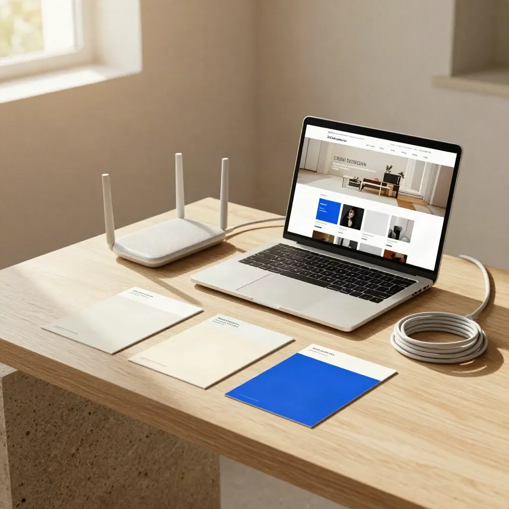 Offene Loft-Ecke mit Laptop, Router und Farbmustern für eine Firmenwebsite.