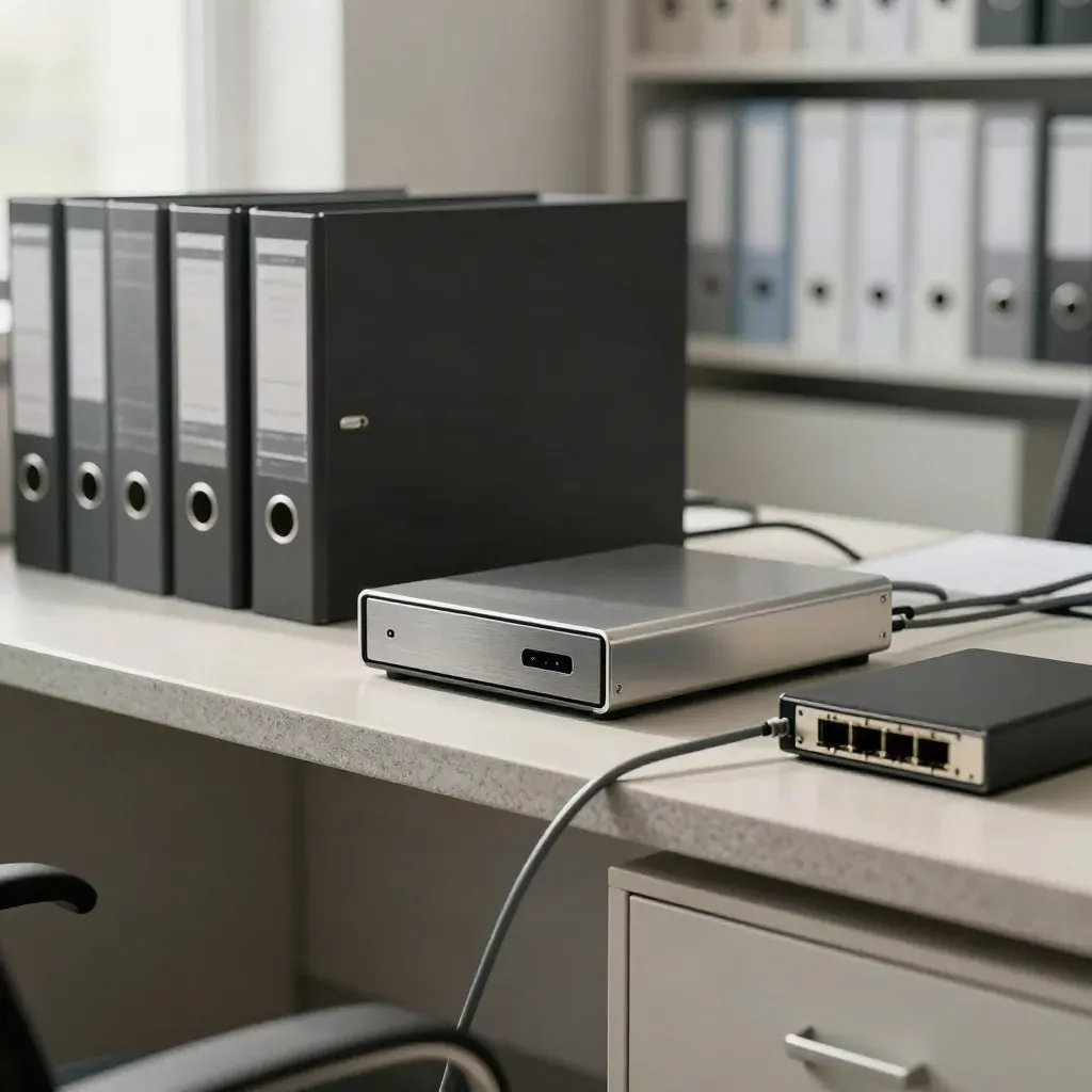 Leerer Steuerbüro-Arbeitsplatz mit Backup-Laufwerk, Aktenboxen, Kabeln und Schubladen