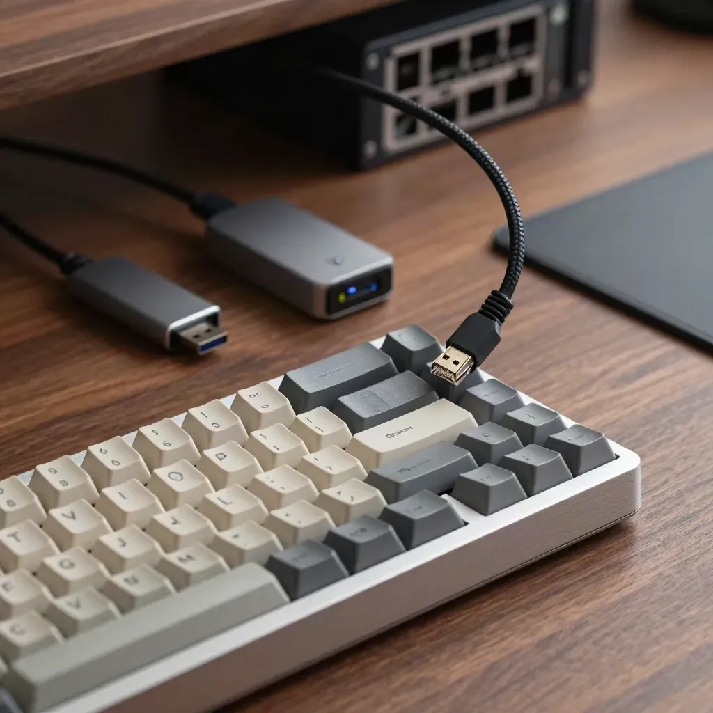 Hardware-Cluster eines Webentwicklers mit Tastatur, Patchkabeln, Hub und Trackpad auf Walnussholz.