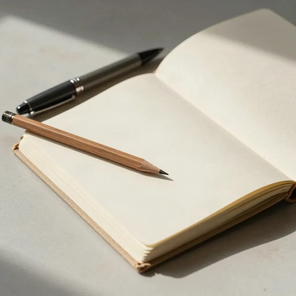 Schräg von oben: Stift, Bleistift, Karten und Stoffnotizbuch auf hellem Holz