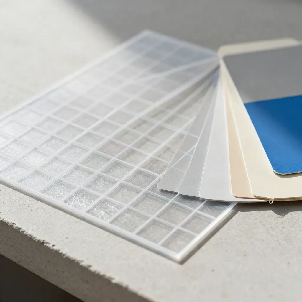 Transparente Entwurfsfolien, Raster und Farbmuster auf hellem Beton.
