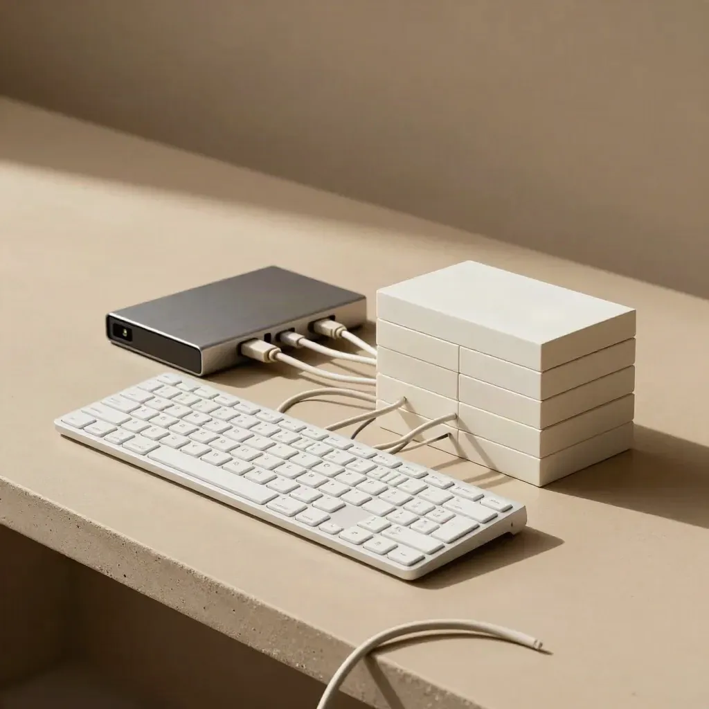 Bauphase mit Kabeln, Tastatur und Backup-Laufwerk auf hellem Werkbrett.