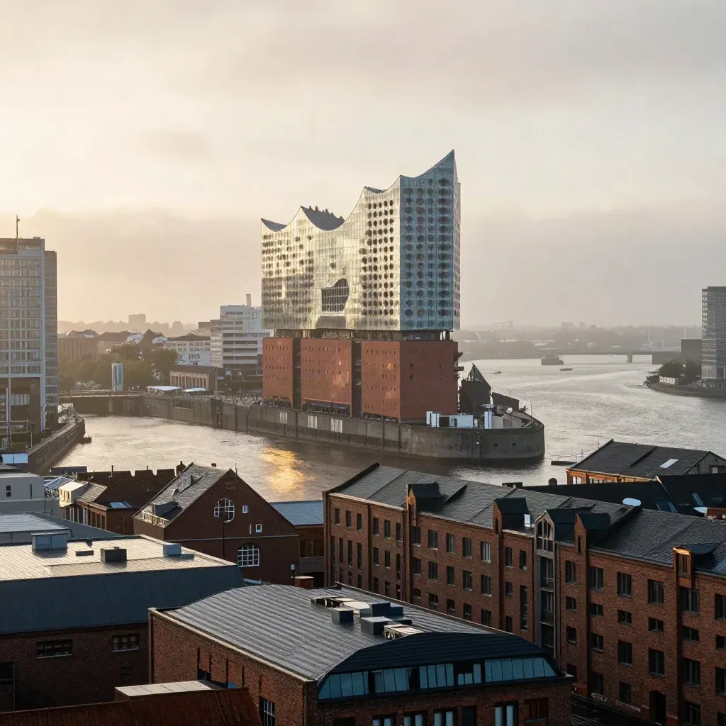 Hamburg im Morgenlicht: Elbphilharmonie über der Speicherstadt, nasse Kanäle im goldenen Dunst.
