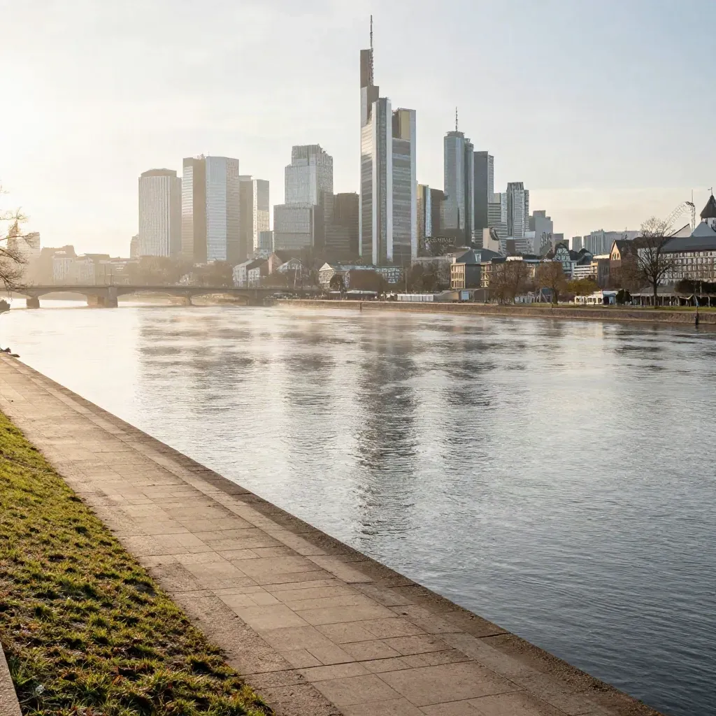 Frankfurter Skyline im Morgennebel über dem Main mit ruhigem Ufer und viel freier Fläche